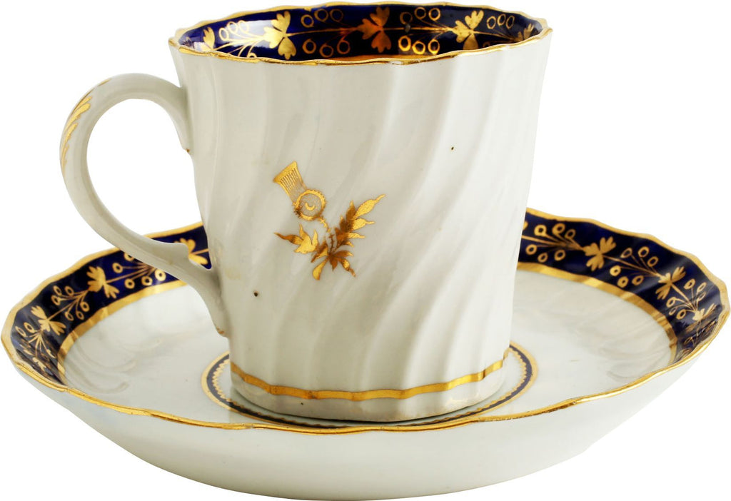 RARE SCOTTISH MOTIF FIRST PERIOD WORCESTER COFFEE CUP AND SAUCER, C.1770 - The History Gift Store